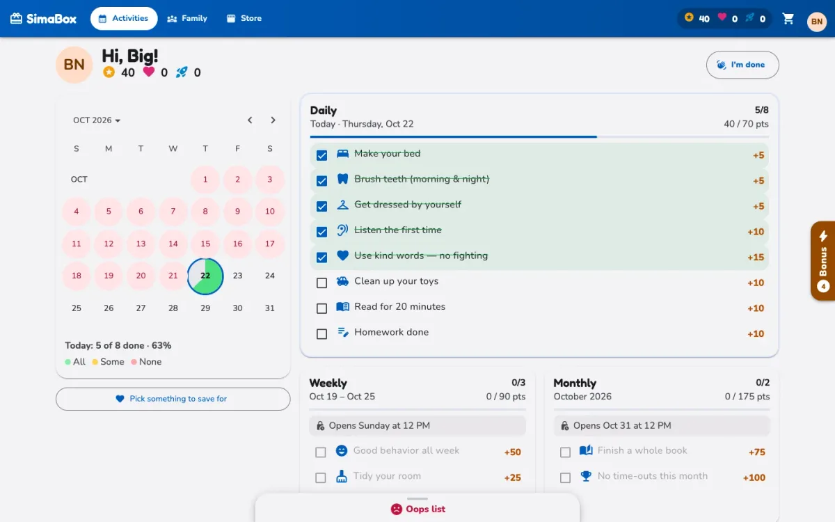 SimaBox on a laptop: a calendar of the month beside today’s daily goals, five of eight ticked and scored, with weekly and monthly goals below.