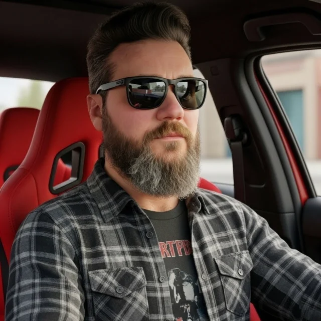 Chris, bearded and wearing sunglasses and a grey plaid flannel shirt, sitting in the driver’s seat of a car with red seats.