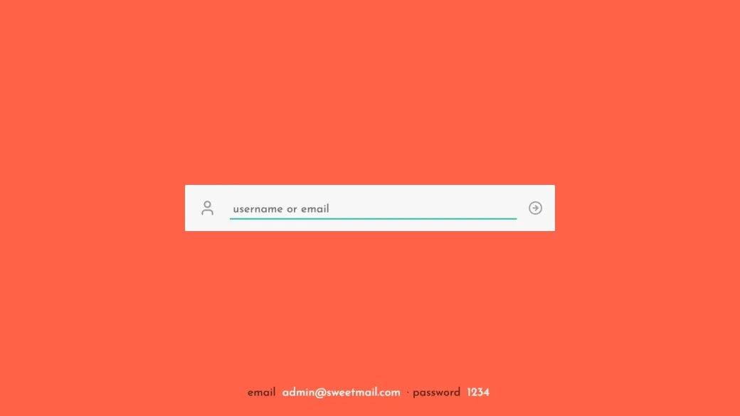 A white login box on a coral background, expanded to show a username or email field with an arrow button to go to the next step.