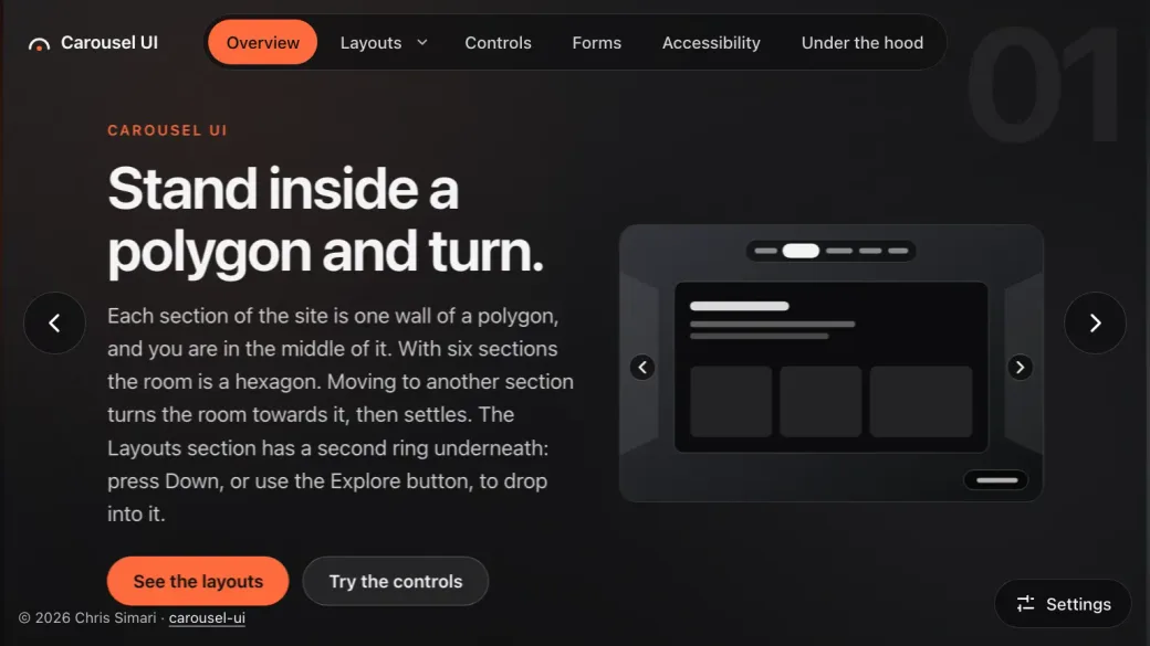 Carousel UI’s overview: a dark page with a pill-shaped top menu, the headline “Stand inside a polygon and turn.” with two buttons, and a mock-up of the interface on the right with round previous and next buttons at the edges.
