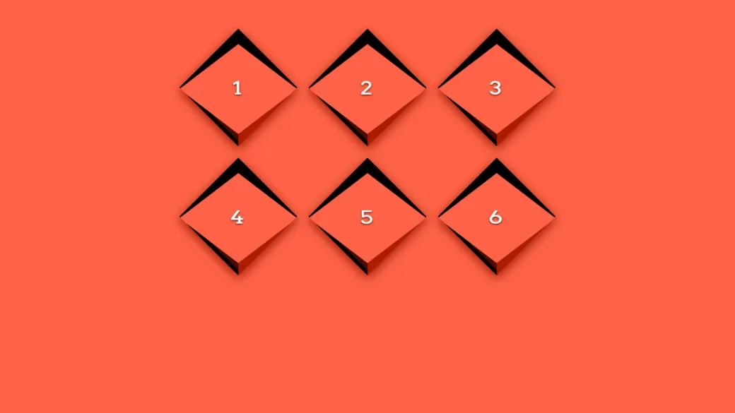 Six coral diamond-shaped panels numbered 1 to 6 in a grid, each with a black facet and a red edge that make it look like a raised 3D tile.