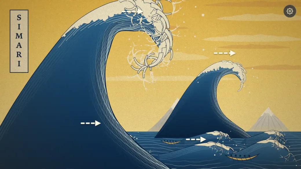A towering deep-blue wave curling over a yellow sky, its cream foam breaking into hooked, branching claws, with pale mountains and small boats on the sea below, and a vertical "SIMARI" title plate at the left.
