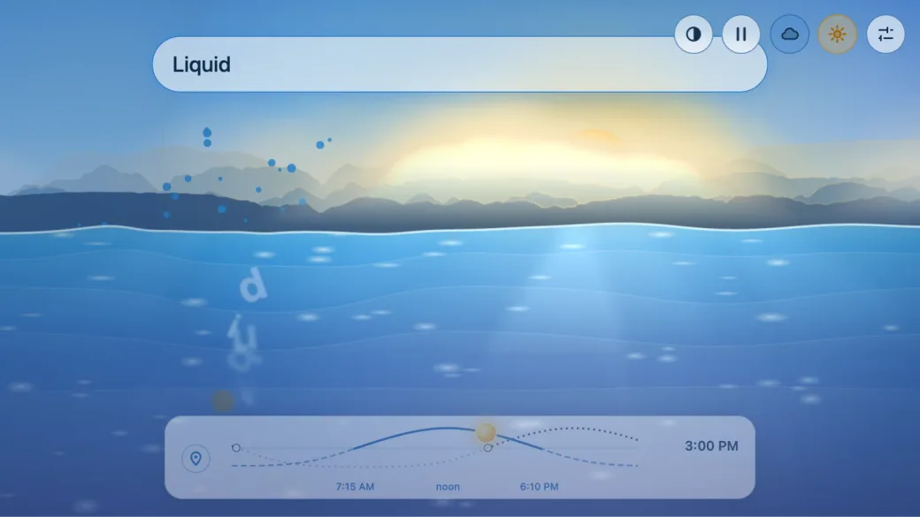 Liquid by day: a low sun glowing over layered mountains above a bright blue lake, with the word “Liquid” typed into the box and its letters splashing into the water and sinking.