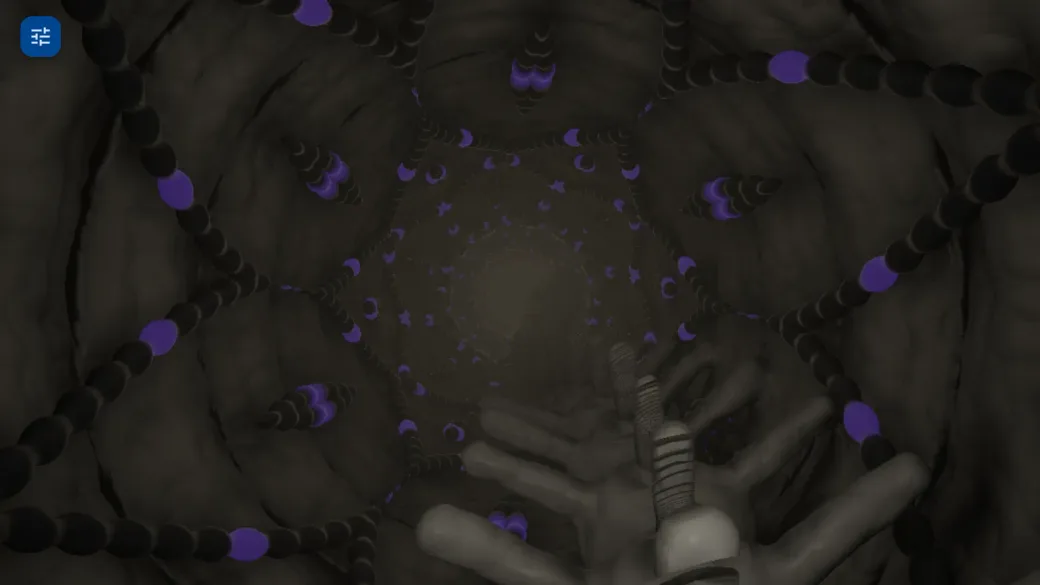 Looking down a dark, ribbed biomechanical tunnel: strings of black beads with glowing violet nodes cross the walls, and pale, finger-like machinery reaches up from the bottom of the frame.