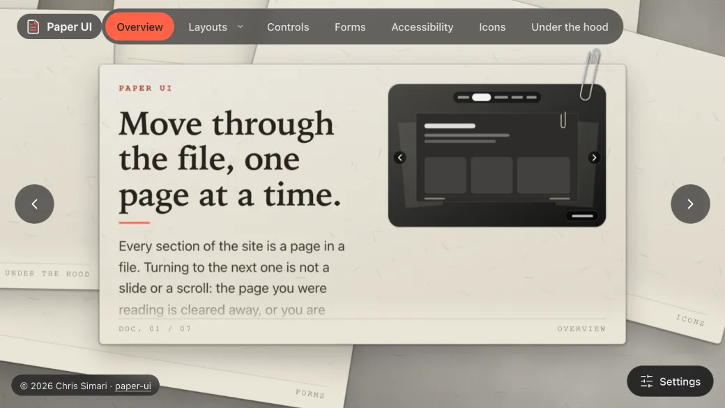 Paper UI’s overview: a warm sheet of paper with a typewriter label and the headline “Move through the file, one page at a time.”, a mock-up of the interface held down by a silver paper clip, and a pill-shaped top menu with a tomato-red active item, over a desk of scattered pages.