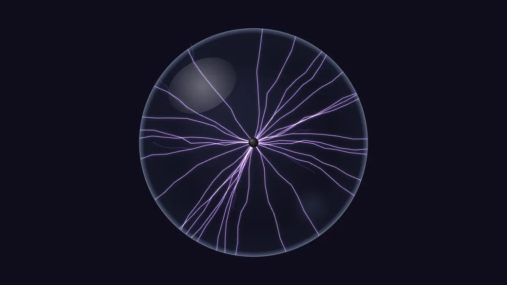 A glass plasma globe filling the frame, with violet lightning arcing out from its dark centre to the glass.