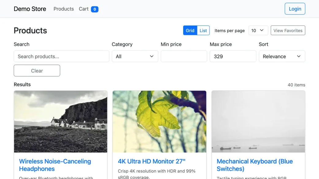 SimpleCart’s Demo Store product grid, with product photos, prices, and Add to Cart, Favorite and Share buttons.