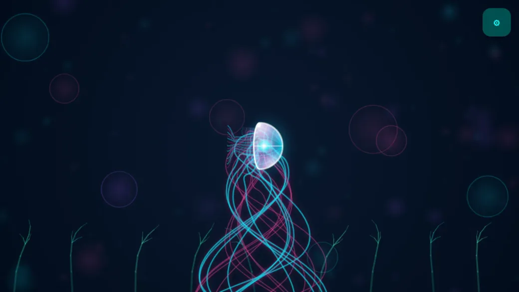 A glowing vector jellyfish drifting through dark water, trailing cyan and magenta tentacles past seaweed and soft bokeh lights.